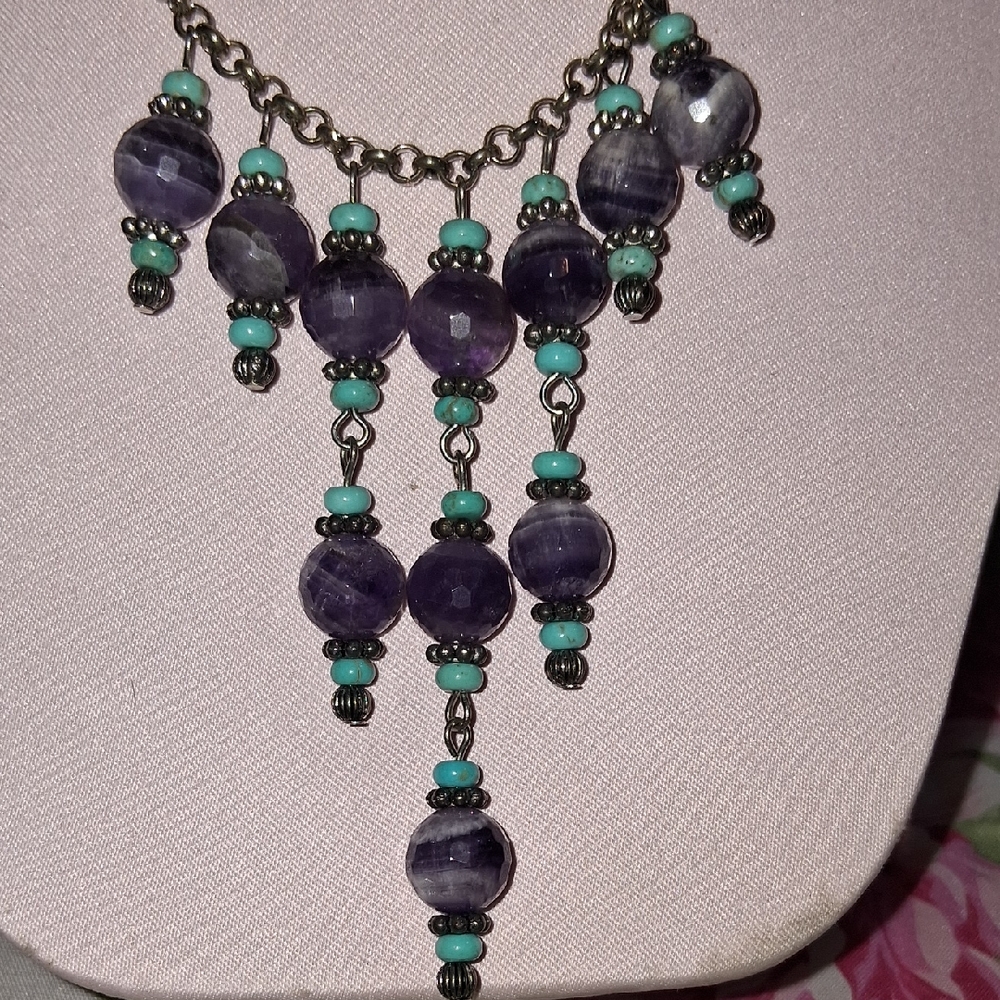 Elegant Purple Amythist and Turquoise Beaded Necklace